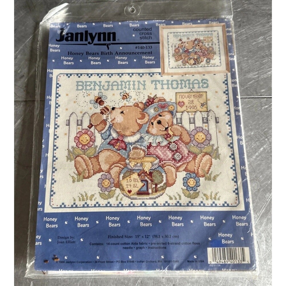 Janlynn Counted Cross Stitch Honey Bears Birth Announcement Kit #140-133 1996